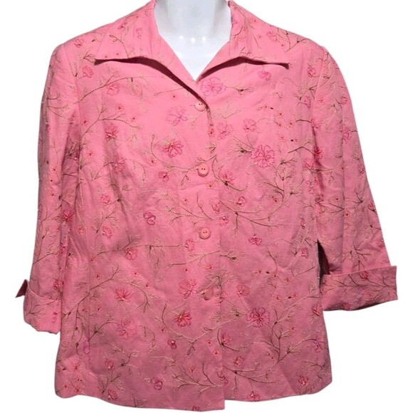 Rafael Embroideed Top Womens 14 Pink Linen Blend Bead Sequin Detail Button Front - Picture 1 of 8